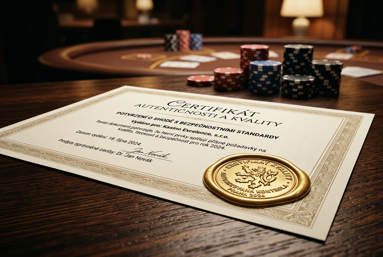 Detailní záběr na oficiální pečeť na certifikátu vedle herních žetonů